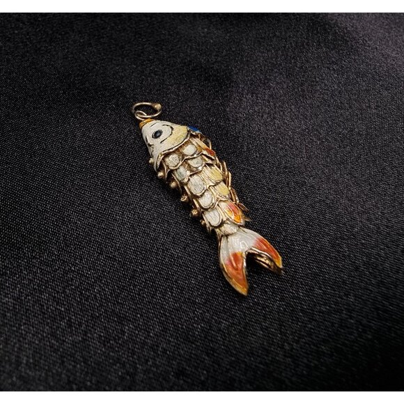 Vintage Chinese Movable Fish Pendant Gold-Tone Cloisonné - Picture 4 of 4